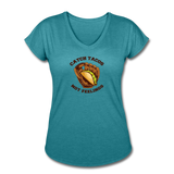 Women's V-Neck T-Shirt - Catch Tacos Not Feelings - heather turquoise