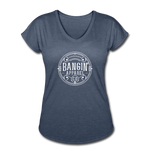 Women's V-Neck T-Shirt - Bangin' Apparel Co. Logo (White) - navy heather