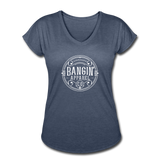 Women's V-Neck T-Shirt - Bangin' Apparel Co. Logo (White) - navy heather