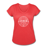 Women's V-Neck T-Shirt - Bangin' Apparel Co. Logo (White) - heather red