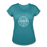 Women's V-Neck T-Shirt - Bangin' Apparel Co. Logo (White) - heather turquoise