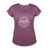 Women's V-Neck T-Shirt - Bangin' Apparel Co. Logo (White) - heather plum