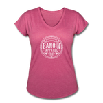 Women's V-Neck T-Shirt - Bangin' Apparel Co. Logo (White) - heather raspberry