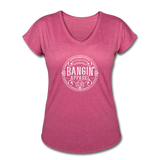 Women's V-Neck T-Shirt - Bangin' Apparel Co. Logo (White) - heather raspberry