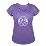 Women's V-Neck T-Shirt - Bangin' Apparel Co. Logo (White) - purple heather