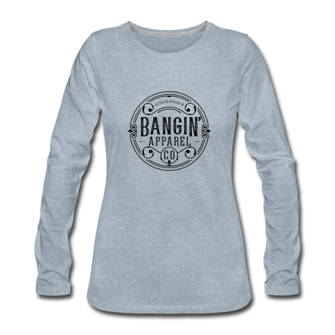 Women's Long Sleeve T-Shirt - Bangin' Apparel Co. Logo (Black) - heather ice blue