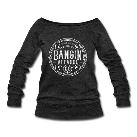 Women's Wideneck Sweatshirt - Bangin' Apparel Co. Logo (White) - heather black