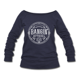 Women's Wideneck Sweatshirt - Bangin' Apparel Co. Logo (White) - melange navy