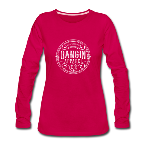 Women's Long Sleeve T-Shirt - Bangin' Apparel Co. Logo (White) - dark pink