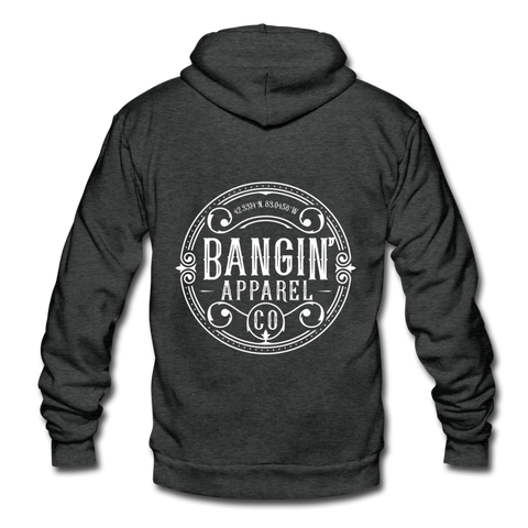 Unisex Fleece Zip Hoodie - Bangin' Apparel Co. Logo (White) - charcoal gray