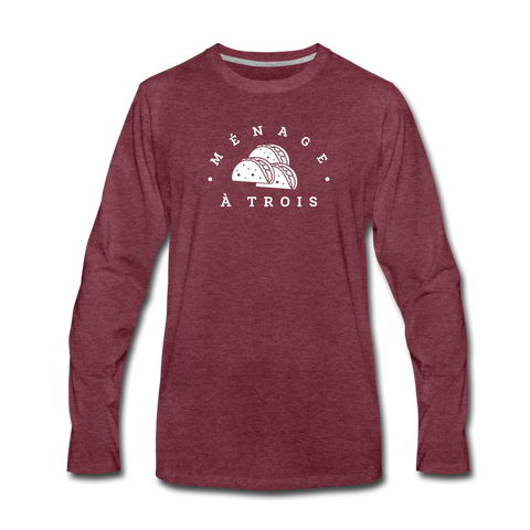 Men's Long Sleeve T-Shirt - Menage A Trois (White Logo) - heather burgundy