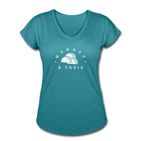 Women's V-Neck T-Shirt - Menage A Trois (White Logo) - heather turquoise