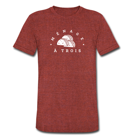 Men's Tri-Blend T-Shirt - Menage A Trois (White Logo) - heather cranberry