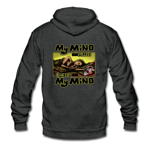 Unisex Fleece Zip Hoodie - My Mind On Coffee (Woman) - charcoal gray