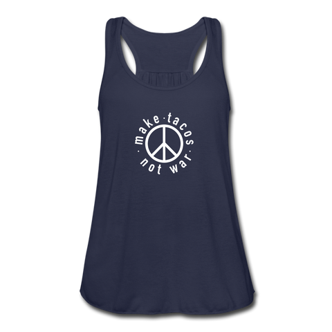 Women's Flowy Tank Top - Make Tacos Not War (White Logo) - navy