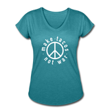 Women's V-Neck T-Shirt - Make Tacos Not War (White Logo) - heather turquoise