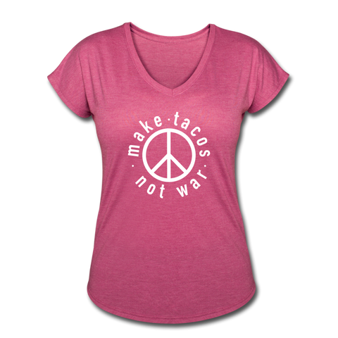 Women's V-Neck T-Shirt - Make Tacos Not War (White Logo) - heather raspberry