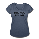 Women's V-Neck T-Shirt - Chicken Thighs Save Lives (Black Logo) - navy heather