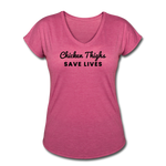 Women's V-Neck T-Shirt - Chicken Thighs Save Lives (Black Logo) - heather raspberry