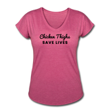 Women's V-Neck T-Shirt - Chicken Thighs Save Lives (Black Logo) - heather raspberry