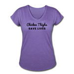 Women's V-Neck T-Shirt - Chicken Thighs Save Lives (Black Logo) - purple heather