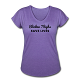 Women's V-Neck T-Shirt - Chicken Thighs Save Lives (Black Logo) - purple heather