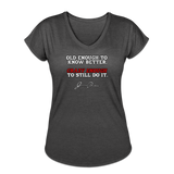 Women's V-Neck T-Shirt - Old Enough To Know Better (White Logo) - deep heather