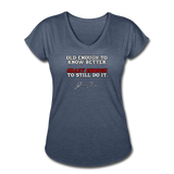 Women's V-Neck T-Shirt - Old Enough To Know Better (White Logo) - navy heather