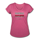 Women's V-Neck T-Shirt - Old Enough To Know Better (White Logo) - heather raspberry