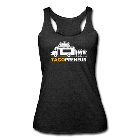 Women’s Racerback Tank - Tacopreneur (White Logo) - heather black