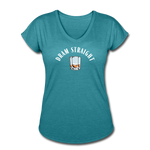 Women's V-Neck T-Shirt - Dram Straight (White Logo) - heather turquoise